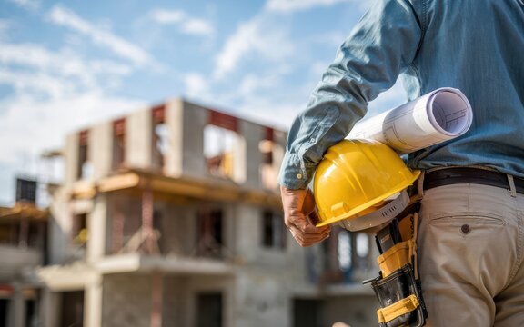 Construction worker with plans and helmet stands near building under construction