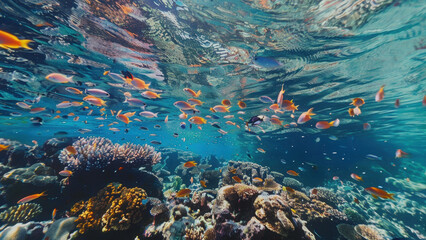 Colorful tropical fish swimming near vibrant coral reef underwater
