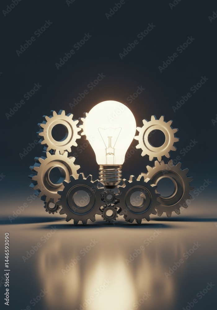 Poster illuminating ideas: gears and lightbulb synergy representing innovation and problem solving