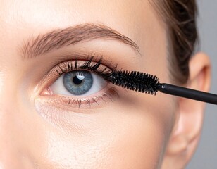 A girl, applying mascara on her eyes