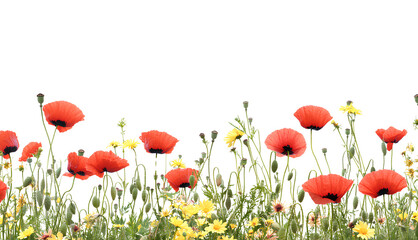 Obraz premium Transparent background with a poppy flower border on the right side, white space in the center of the picture, in PNG style and forma