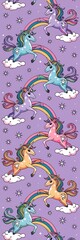 Fototapeta premium Colourful Unicorn Cartoon Pattern Illustration for Nursery Decor: Whimsical and Joyful Design for Kids' Room with Vibrant Rainbow and Magical Elements