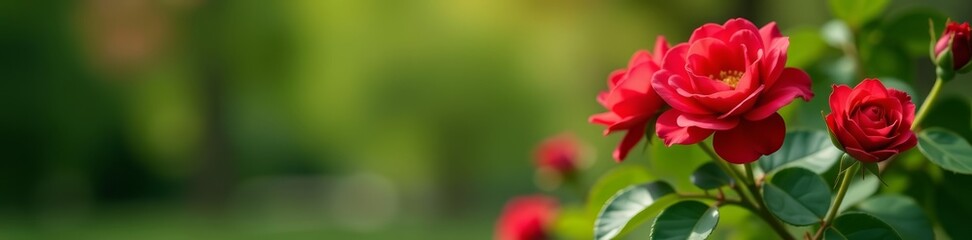 Fototapeta premium Vibrant red rose blossoms on green bush in city park during springtime, flora, park, blooming