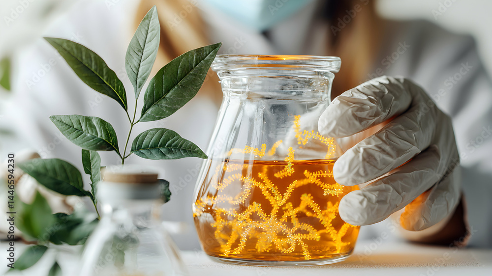 Poster scientific image showing a flask with a solution and plant. the image suggests a plant-based experim