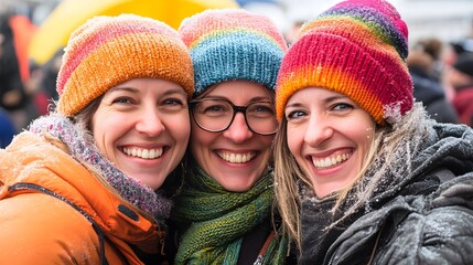 Three smiling women wearing colorful knit hats huddle together in a snowy outdoor setting, radiating warmth and friendship.