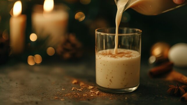 Eggnog being poured into a glass, Warm festive eggnog drink with cinnamon