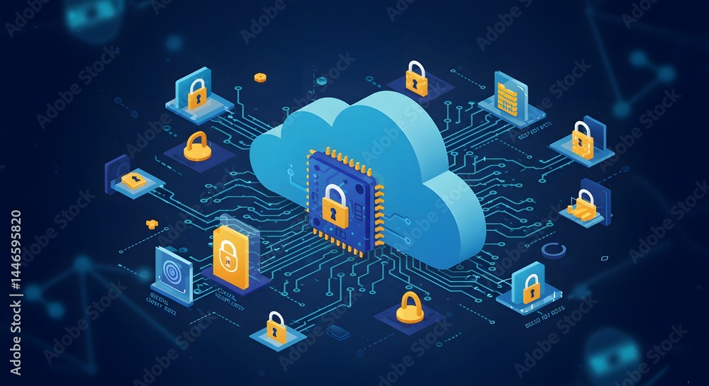 Poster isometric cloud computing security concept with padlocks and circuit board design on blue background