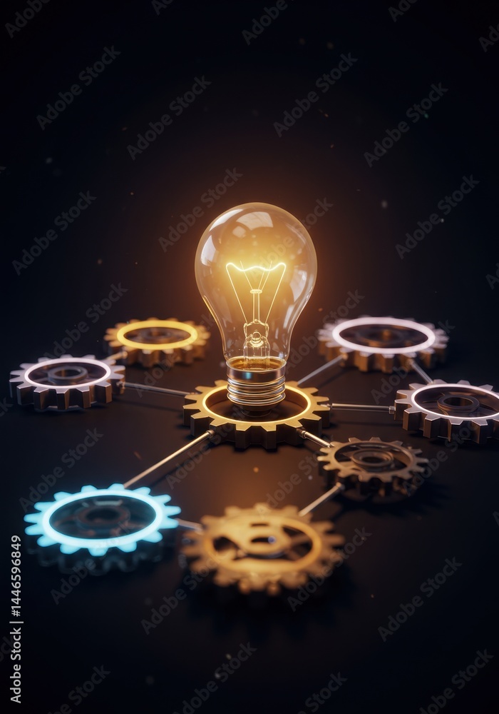 Aufkleber illuminating innovation: a glowing lightbulb connected to interlocking gears symbolizing the power o