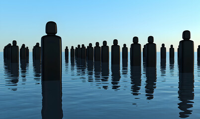 A line of figures in water under a clear sky creates a sense of vastness and isolation. Reflections shimmer on the water's surface