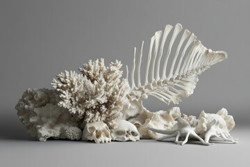 Obraz premium A still life arrangement featuring bleached coral, animal bones, and skulls, creating a serene yet macabre aesthetic.
