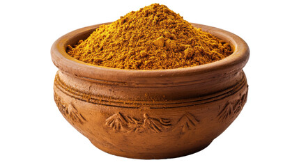 Clay Pot Filled with Fragrant Curry Powder Isolated on White Background – Traditional Spice Container with Aromatic Indian Seasoning