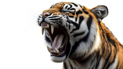 Obraz premium Close-up Image of a Roaring Tiger with Open Mouth Isolated on White Background – Fierce Wildlife Animal Portrait in High Detail