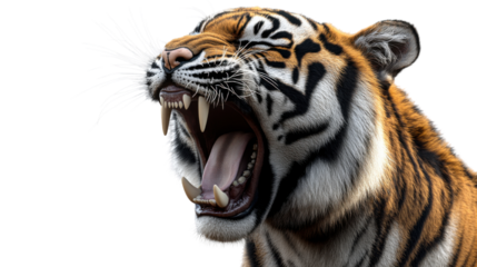 Close-up Image of a Roaring Tiger with Open Mouth Isolated on White Background – Fierce Wildlife Animal Portrait in High Detail