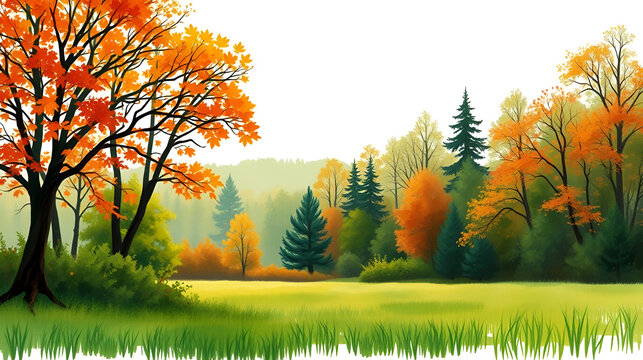 Watercolor autumn, summer forest, silhouette of trees, bushes., Field. Country view.
Postcard, logo, card. Drawing of green trees on a summer grass on a white isolated background.Country landscape.