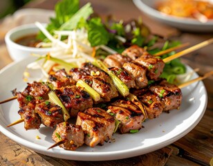 Fototapeta premium Grilled Pork Skewers With Vegetables And Dipping Sauce