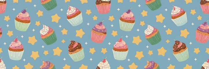 Colorful Cupcakes and Starry Sweets Pattern: Festive Bakery Dessert Illustration for Children's Celebration Background