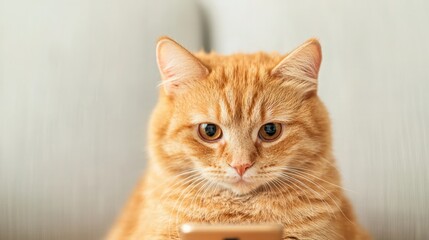 Ginger Cat Using Smartphone, Cute ginger cat looking at a smartphone.