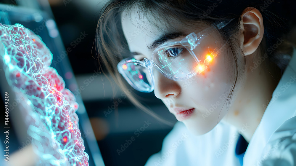 Poster a scientist examines a complex biological structure using advanced technology possibly in a lab sett