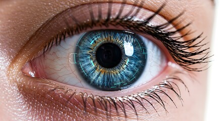 Fototapeta premium Intricate close-up of a captivating blue eye with digital enhancements.