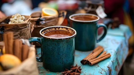 Cozy cups of warm drinks on a rustic surface, surrounded by cinnamon sticks, anise stars, and lemon creating a comforting atmosphere.