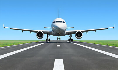 Obraz premium Airplane on runway, approaching. Clear sky. White passenger jet, landing gear down. Perspective view