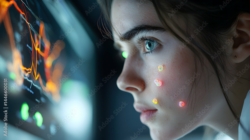 Poster a woman gazes intently at a glowing screen analyzing data. perhaps a futuristic interface or a techn