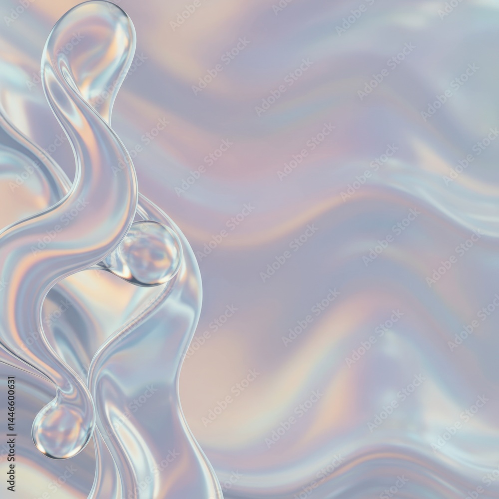 Poster abstract iridescent liquid forms flowing gracefully over a soft pastel background, creating a serene