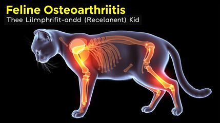 Feline Osteoarthritis: The Limping and Reduced Activity - Visualize a cat with highlighted joints showing degeneration, experiencing limping and reduced activity, illustrating the symptoms of feline o