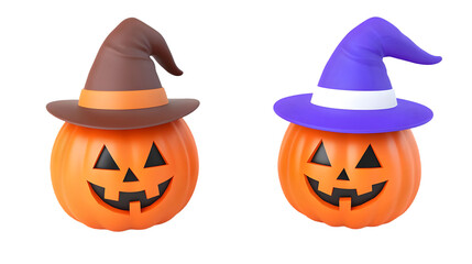 3D Halloween Pumpkins With Witch Hats Isolated Illustration