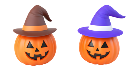 3D Halloween Pumpkins With Witch Hats Isolated Illustration