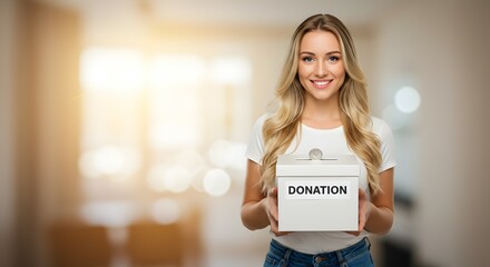 Smiling Woman Holding Donation Box  Giving Back, Charity, Volunteer, Kindness, Generosity