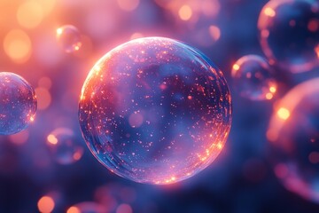 Glowing orbs float, cosmic background, abstract art, science concept