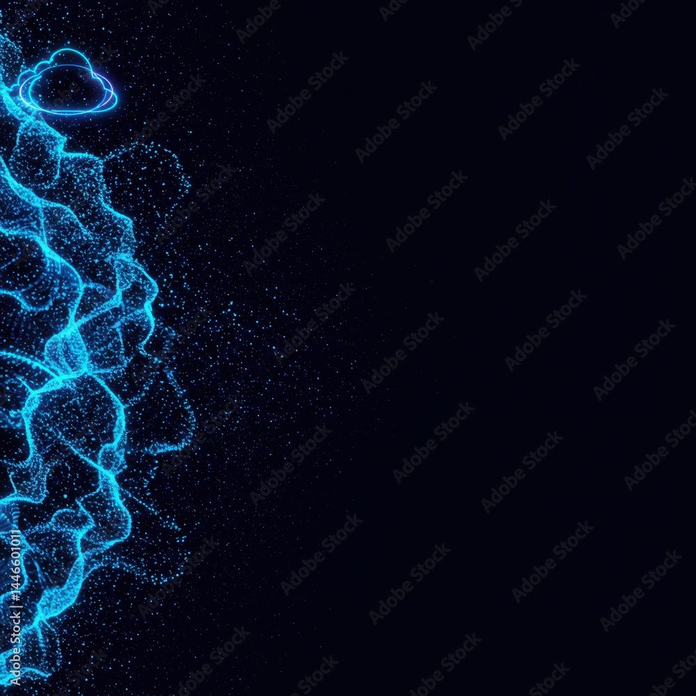 Poster abstract cloud computing digital data flow visualization: neon blue particle waves on black backgrou