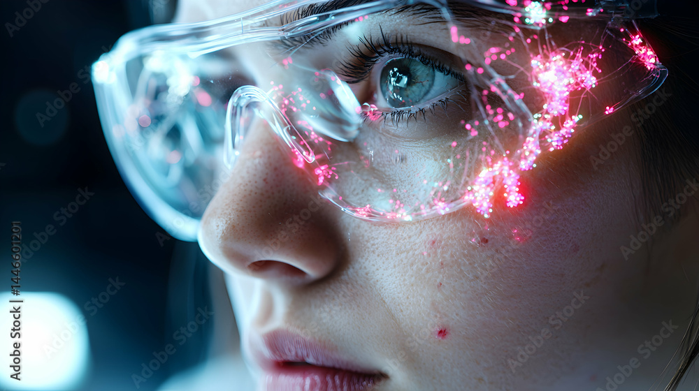 Poster a person wearing futuristic glasses with glowing particles. this image is useful for sci-fi stories 