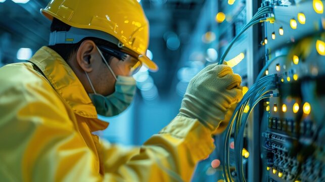 Technician Working on Network Cables, Close up of technician installing network cables.