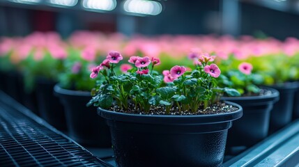 Obraz premium Lush greenhouse with vibrant pink flowers on shelves bright lighting