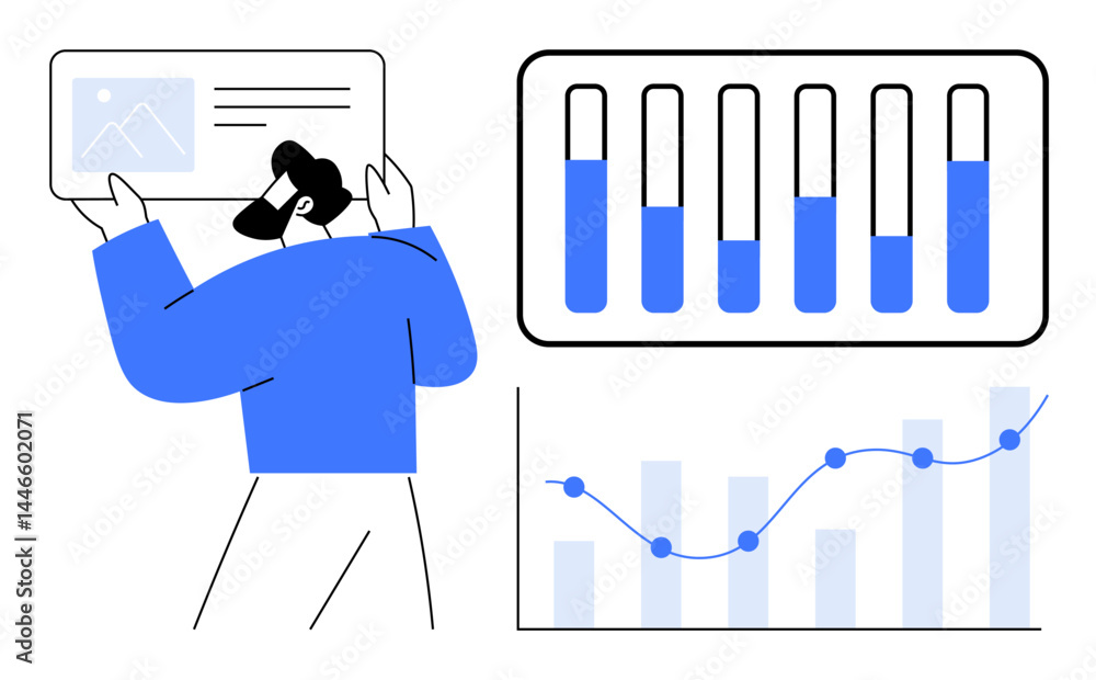 Aufkleber man reviewing graphical data, including bar graphs and line charts. ideal for analytics, business ma