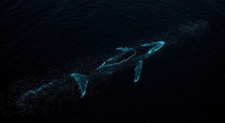 Fototapeta premium Glowing Whale in Dark Ocean - Illustration
