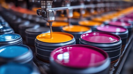 Vibrant paint production in industrial setting featuring colorful tins and precision dispensing