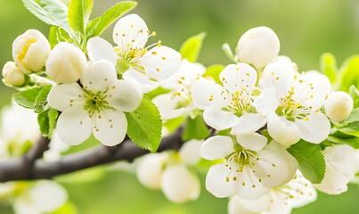 Obraz premium Blossoming branch with delicate white flowers and fresh green leaves on a soft, natural background