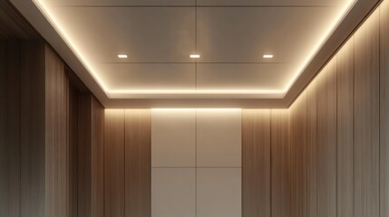 Modern elevator interior with warm wood paneling, recessed lighting, and LED cove lighting
