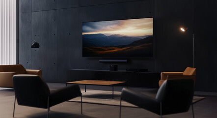 The left side of the screen shows an oversized wall with sleek, flat-screen TV displaying a colorful landscape