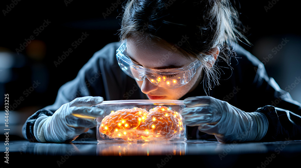 Aufkleber a scientist examines a glowing brain in a container. this image can be used for illustrating neurosc