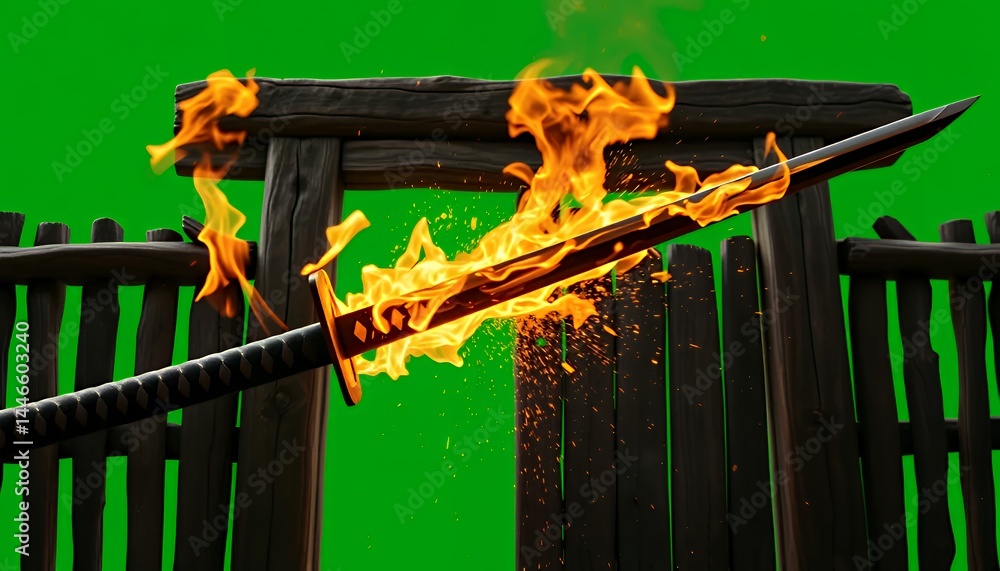 Poster flaming samurai sword isolated on green screen background for vfx action cinematic element and digit
