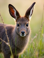 Japanese serow facing here while eating clover