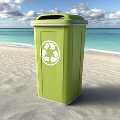 Single green garbage receptacle on sandy seashore Environmental responsibility, ocean conservation - green cleanup nature seashore bin