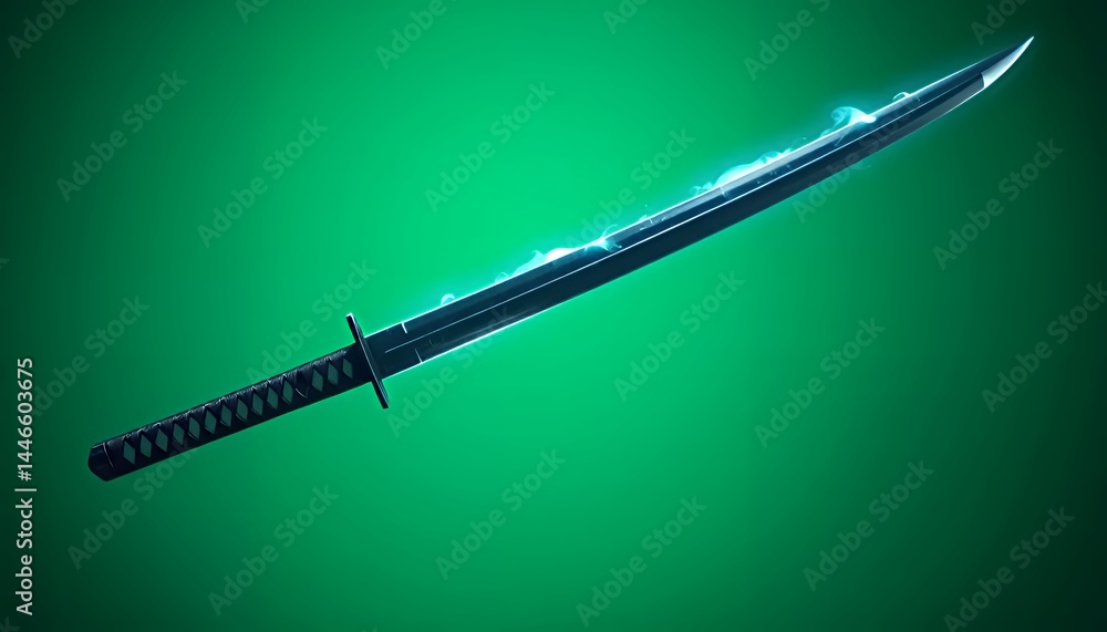 Poster isolated glowing pixelated samurai sword on green screen for visual effects a futuristic weapon for 