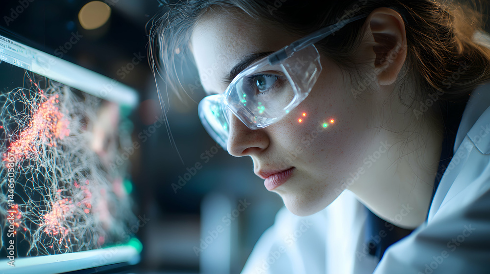 Poster a scientist in a lab studies neural networks on a computer screen. she wears protective glasses and 