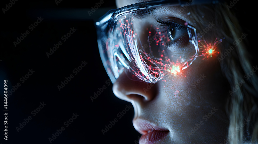 Poster a futuristic image showcasing a person wearing augmented reality goggles displaying digital data. su