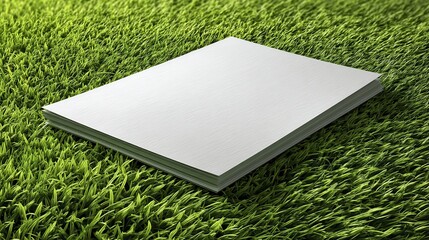 Blank white paper sheet lies on vibrant green grass Perfect for message, note, or announcement mockups - park space invitation